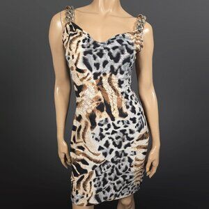Y2K Animal Leopard Print Bodycon Dress Size M Chunky Chain Straps Clubbing Party